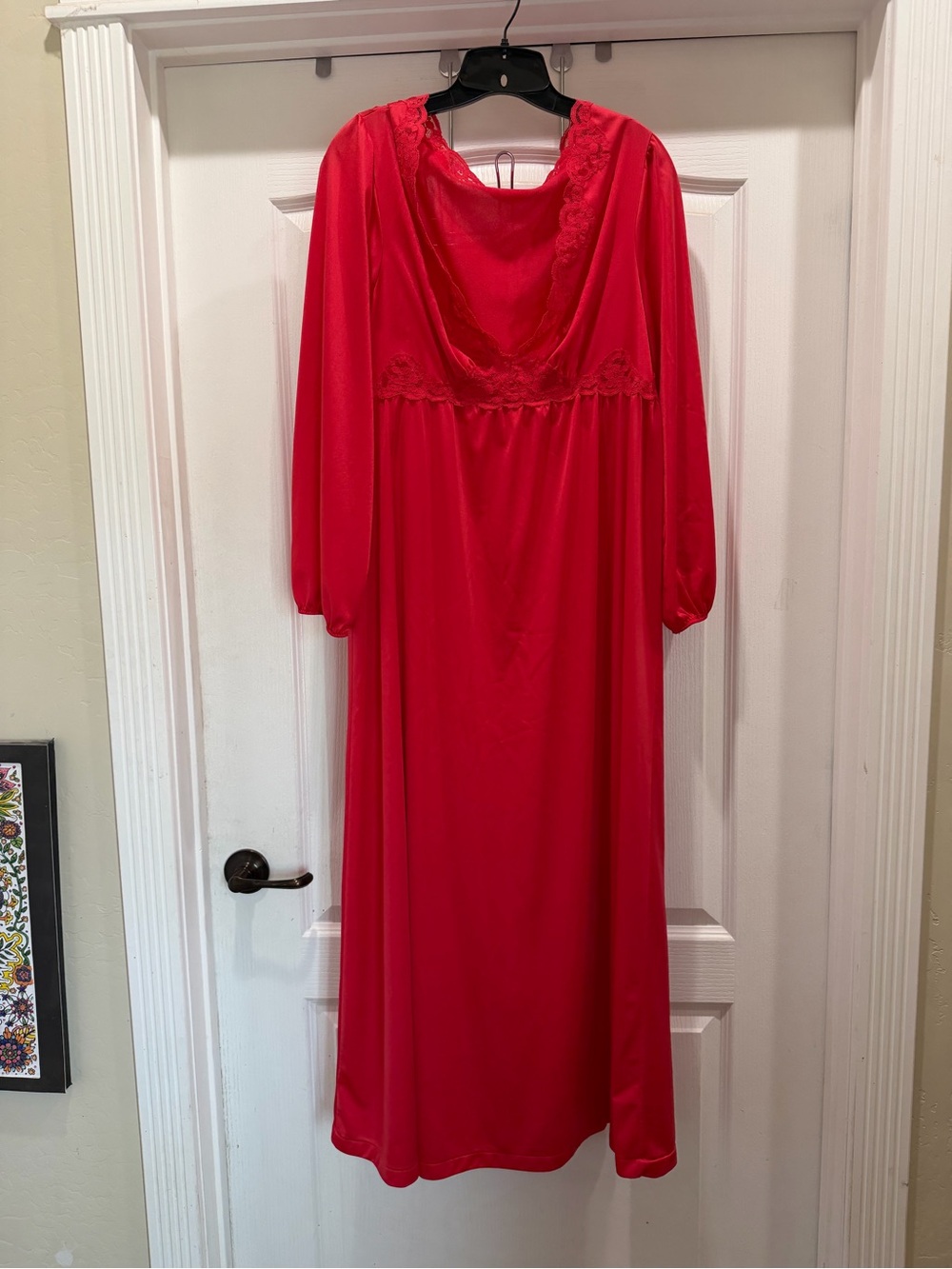 Red Satin Long-Sleeve Nightgown with Lace-Trimmed Neckline